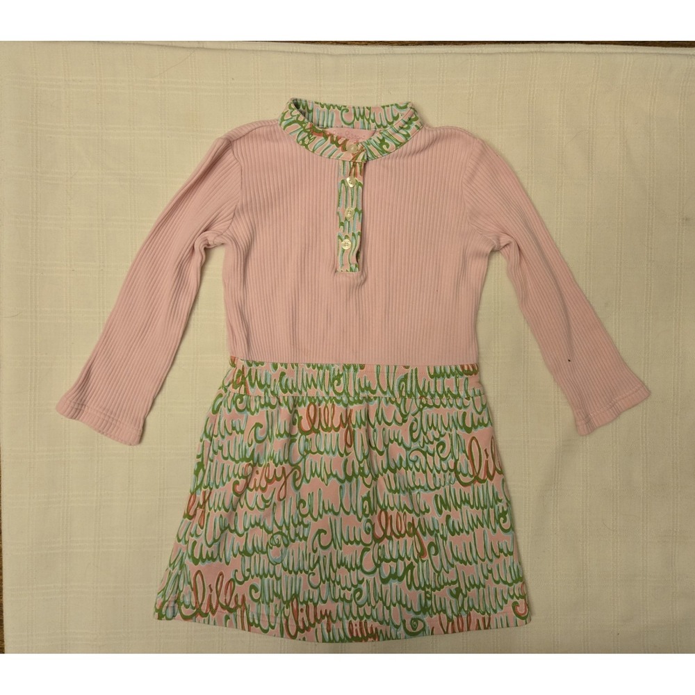 Lilly Pulitzer Ribbed Henley Dress Girls Size 3 Pink/Green Style Party School